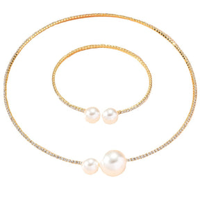 Conjunto de Joias de Luxo: Colar e Pulseira de Pérolas e Cristais para Mulheres - Moda Elegante e Leve